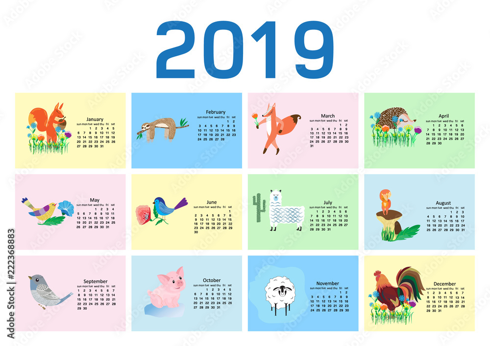 Cute Calendar for 2019 with cute animals, cartoon style vector illustration