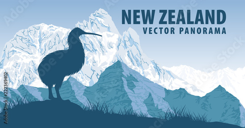 vector panorama of New Zealand with kiwi bird and Aoraki mountain