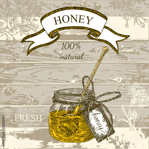 Vintage color card. Open jar of fresh honey with label and spoon inside. Engraving style. Vector illustration.