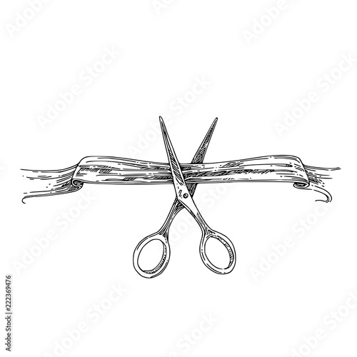 Scissors cutting the tape. Engraving style. Vector illustration.