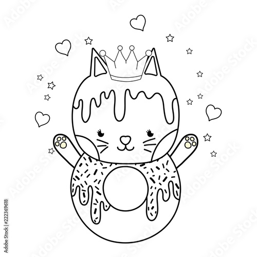 outline kawaii cat donut with hearts and sars