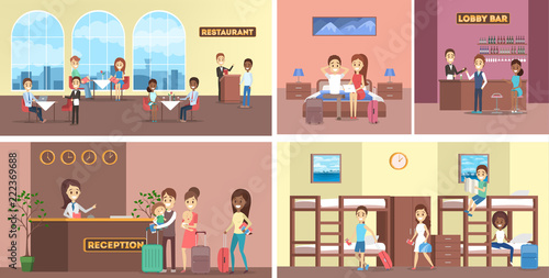 Hotel rooms interior set. Reception and restaurant, bar and hostel room