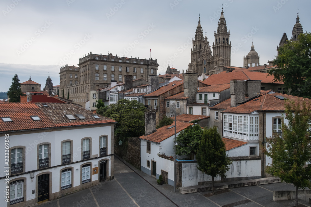 Casas y catedral de Santiago de Compostela, Galicia. España.
