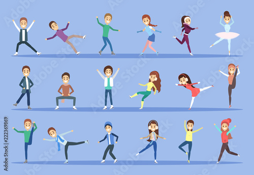 Set of ice skating people in different poses