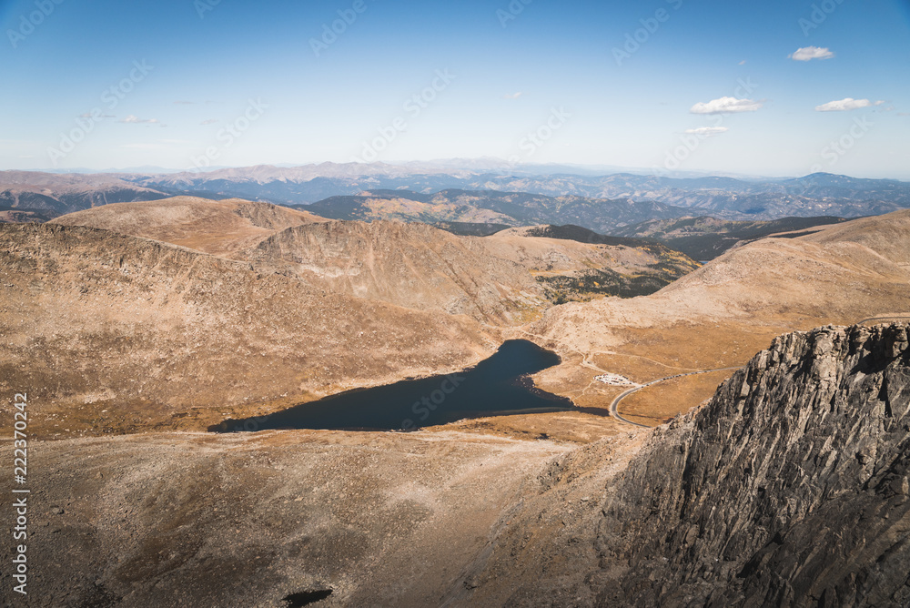 Landscape view of the lake at the base of Mount Evans in Colorado. 