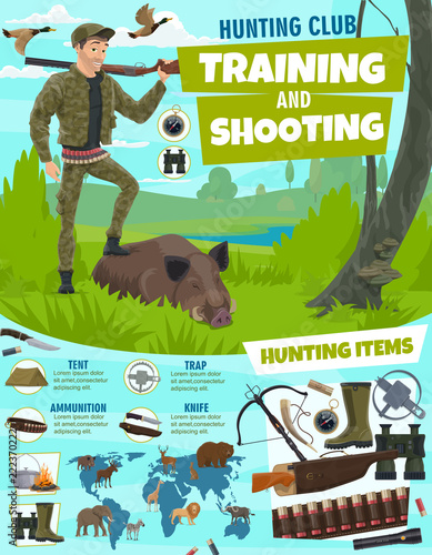 Hunting sport club poster, training in shooting