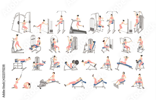 Set of workout for women on exercise machines.