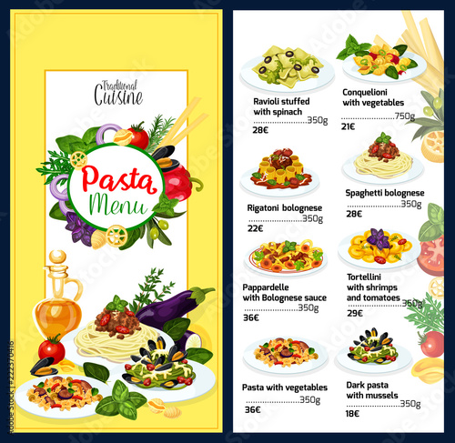 Pasta menu for Italian cafe with cuisine of Italy