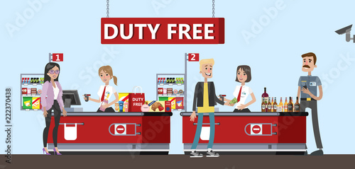 Happy people standing at the counter in duty free store