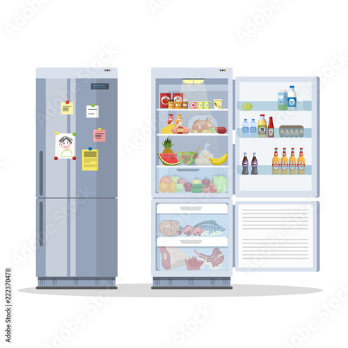 Opened and closed fridge or refrigerator with food.