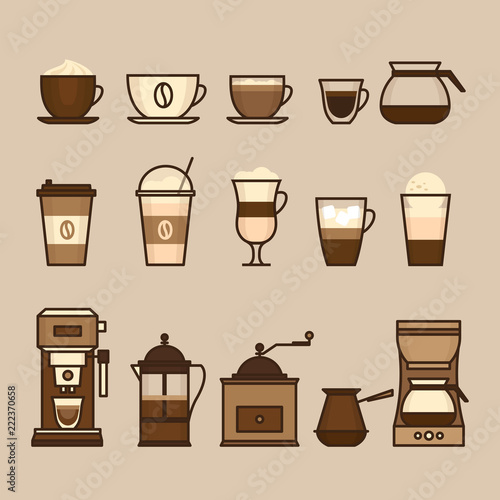 Coffee objects and equipment. Cup and coffee brewing methods. Coffee makers and coffee machines, kettle, french press, moka pot, cezve. Flat style, vector illustration.