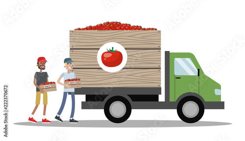Big truck full of boxes with tomato