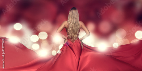 Blonde lady in red elegant maxi dress.