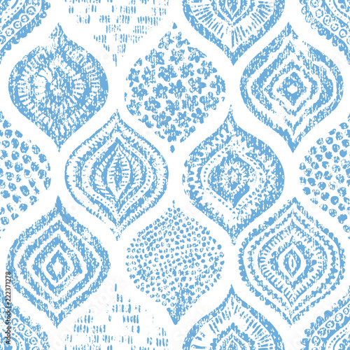 Seamless watercolor blue-white pattern. Elegant ornament for textile. Vintage bohemian print. Vector illustration.