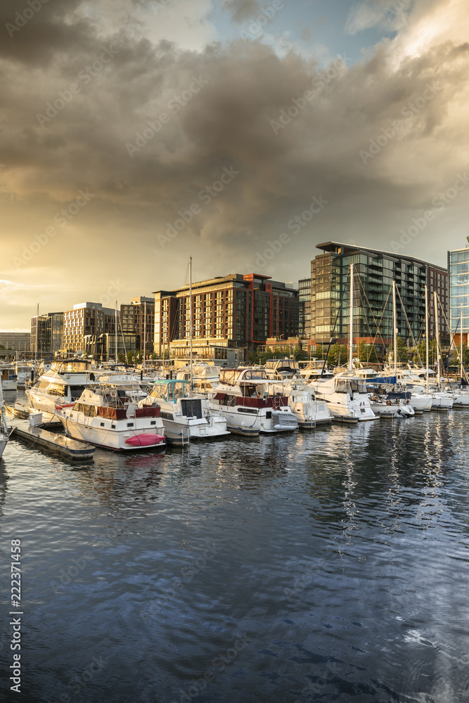 Hotels and restaurants on the harbour marina wharf district in Washington DC USA