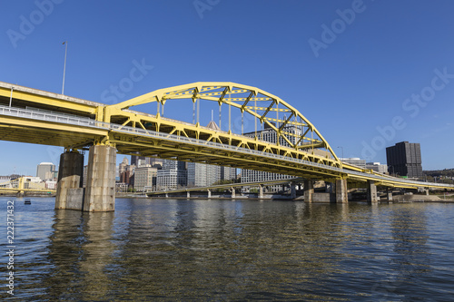 Downtown urban waterfront and Route 279 bridge crossing the Allegheny and Ohio Rivers in Pittsburgh, Pennsylvania.