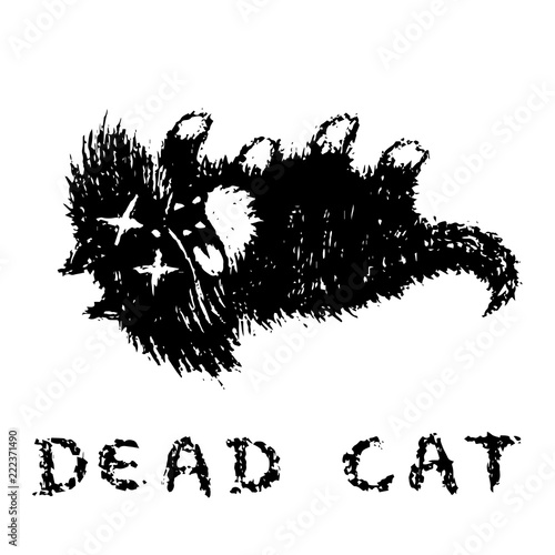 Cute fur the cat is dead and lies upside down. Vector illustration.