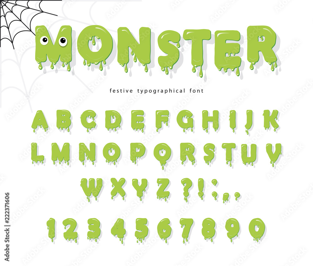 Vecteur Stock Halloween cute monster font for kids. Jelly slim green  letters and numbers. | Adobe Stock