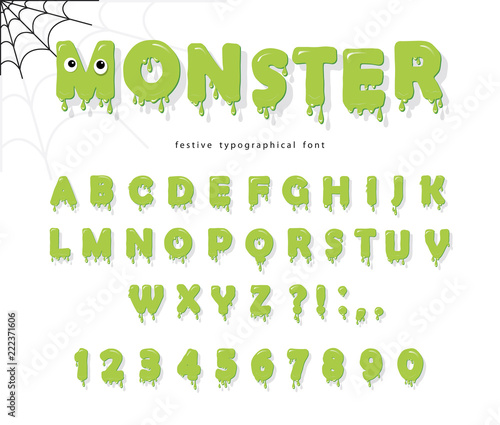 Halloween cute monster font for kids. Jelly slim green letters and numbers.