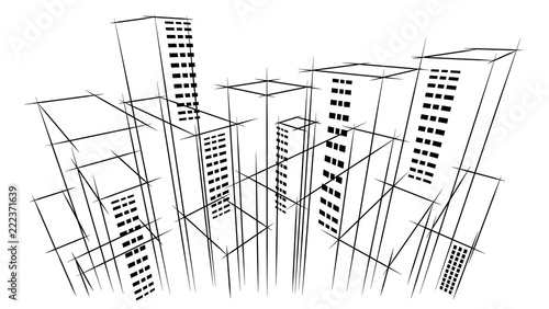 Modern vector dark city horizon scape sky scraper outline hand drawn bird eye view background. Architectural business building copy black flat line template design.