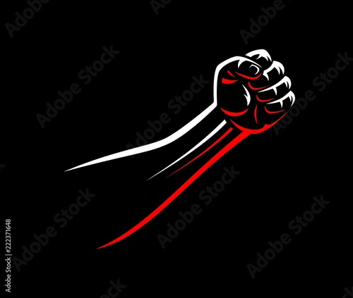 Vector clenched fists male hand fight MMA, wrestling, kick boxing, karate sport night cage show illustration on dark background