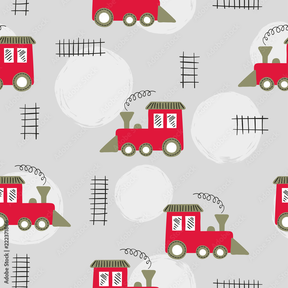 Seamless toy trains pattern. Baby print.