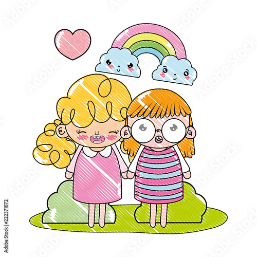 grated nice girls with rainbow and kawaii clouds