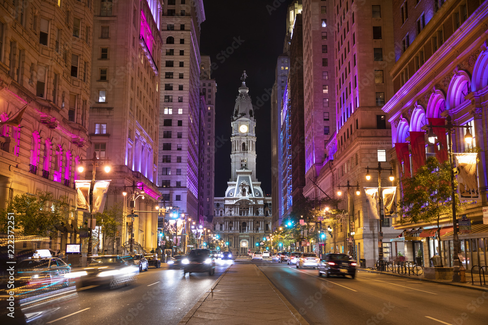 Night view on the Philadelphia city hall on Broad Street in Pennsylvania USA