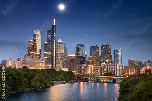 Philadelphia cityscape downtown urban core skyscrapers over the Schuylkill River in Pennsylvania USA photo