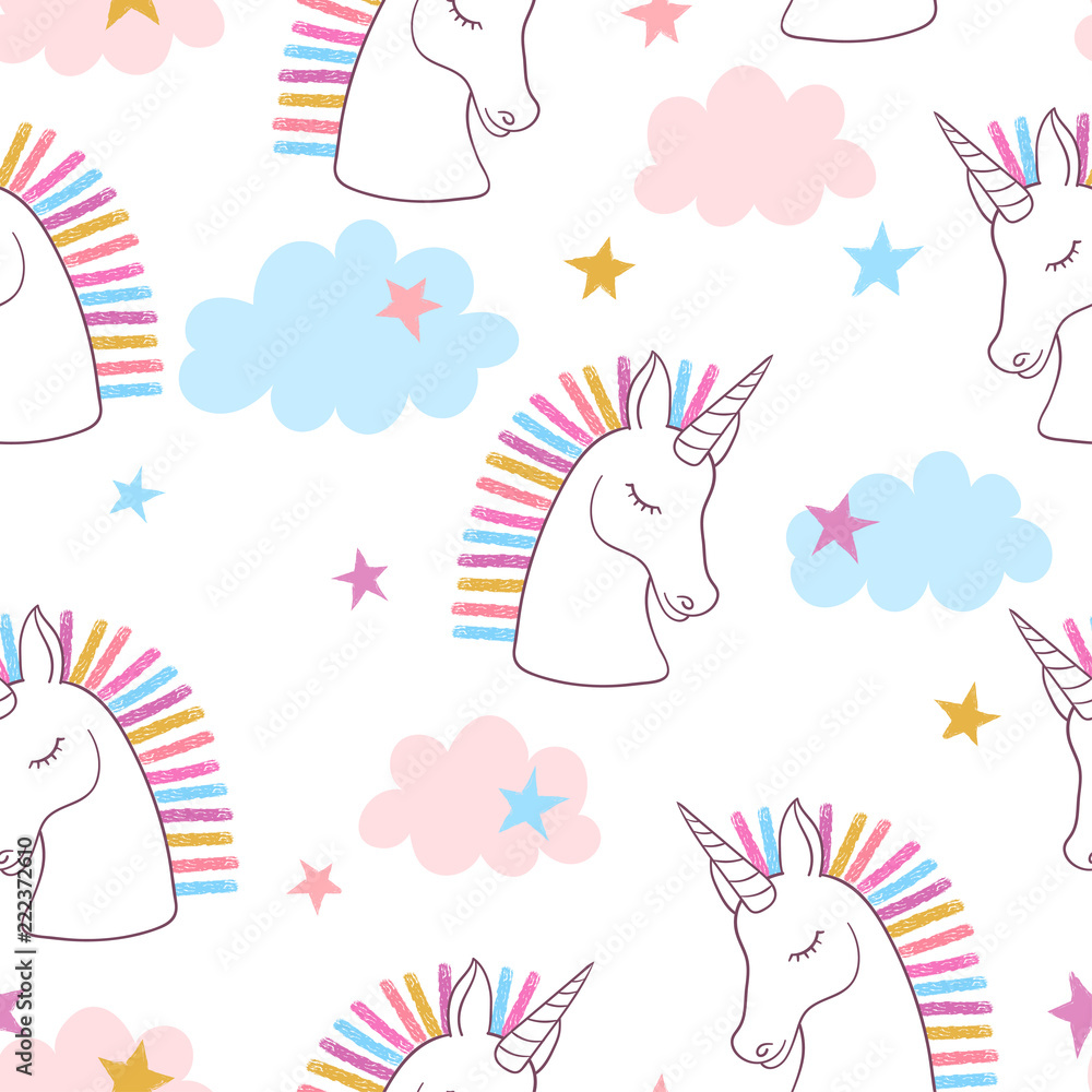 Seamless rainbow unicorns pattern. Vector magic background for kids.