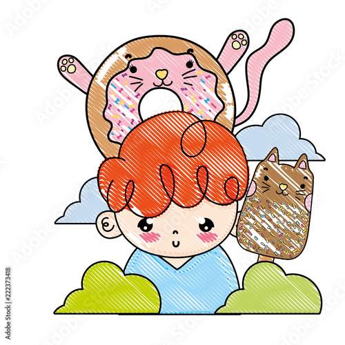 grated boy with kawaii cats donut and ice lolly
