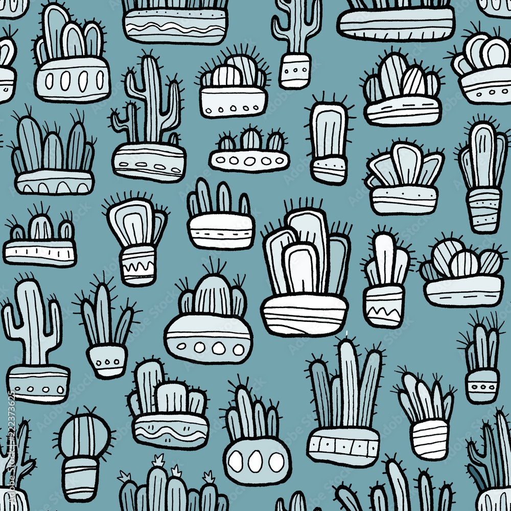 Many various hand drawn graphic cactuses in pots collection seamless pattern, print for textile, wallpaper. Cacti with white bold black outline on the blue background. Baby room decor. Many various hand drawn graphic cactuses in pots collection seamless pattern, print for textile, wallpaper. Cacti with white bold black outline on the blue background. Baby room decor.