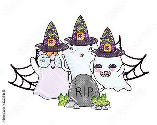 grated ghosts with witch hat in the spiderweb and rip