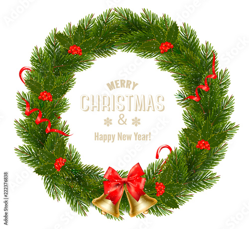 Christmas Wreath with colorful ribbons, balls and bow. Vector illustration