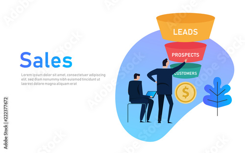 Sales funnel business concept of leads prospects and customers coin money.