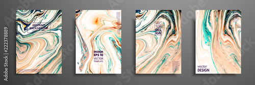 Flyer layout template with mixture of acrylic paints. Liquid marble texture. Fluid art. Applicable for design cover, flyer, poster, placard. Mixed orange, green and white paints