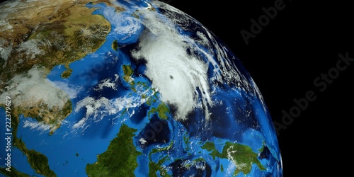 Extremely detailed and realistic high resolution 3d illustration of Typhoon Mangkhut approaching the Philippines. Shot from Space. Elements of this image are furnished by Nasa. photo