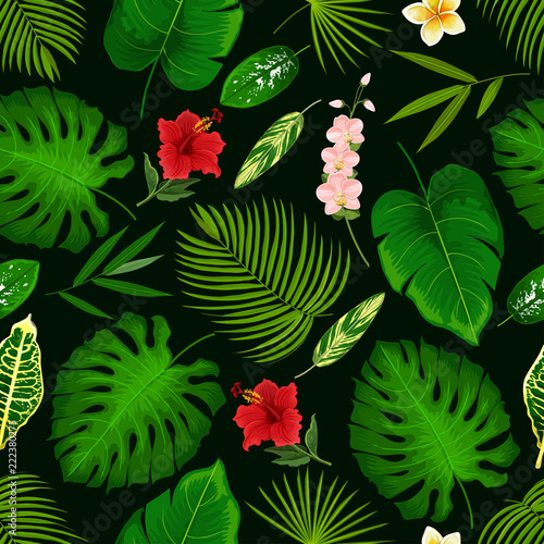 Tropical flower and palm leaf seamless pattern