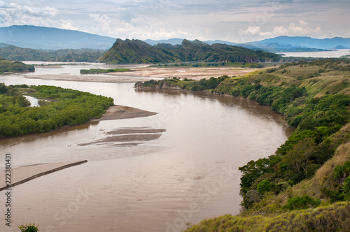 River cause landscape in Colombian jungle.