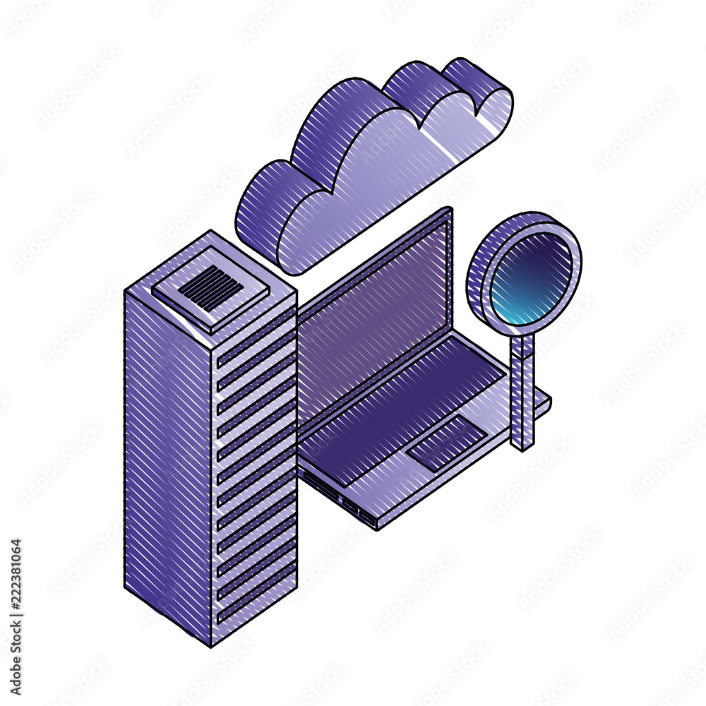 Obraz premium laptop computer with magnifying glass and icons server data