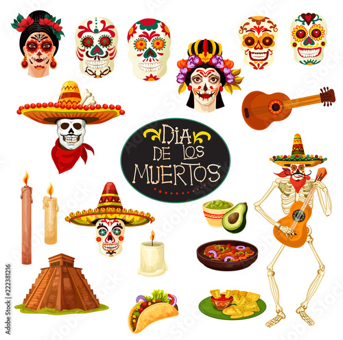 Dia de los Muertos symbols. Vector greeting card