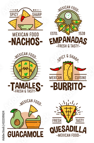 Mexican spicy food restaurant cafe icons and signs