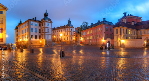 Birger Jarl statue and The Palace of Wrangel on Square Birger Jarls torg on Riddarholmen in Gamla stan, the old town in Stockholm, capital of Sweden.