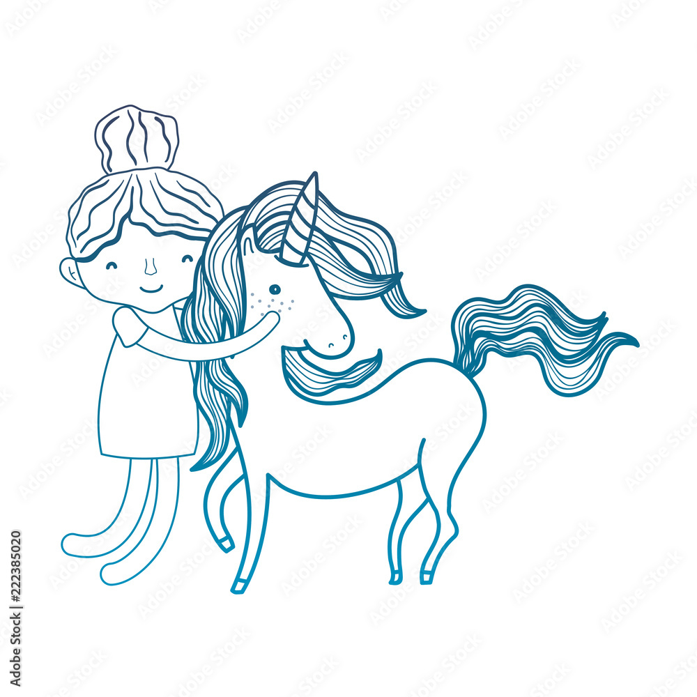 Plakat degraded outline happy boy hugging beauty unicorn