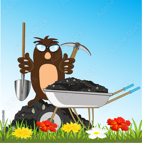 Cartoon of the mole loading wheelbarrow with land on year glade