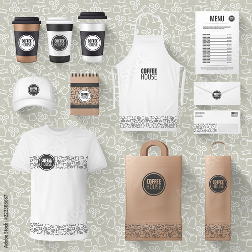 Vector cafe merchandise or coffee items mockups