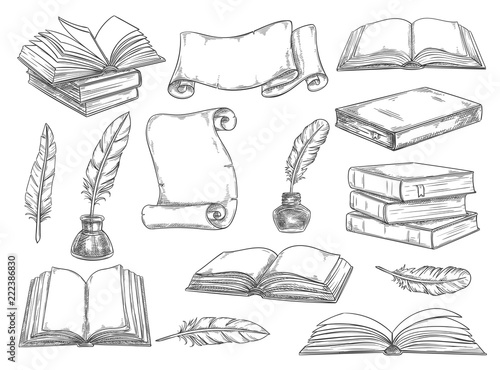 Retro books and literature quills vector sketch