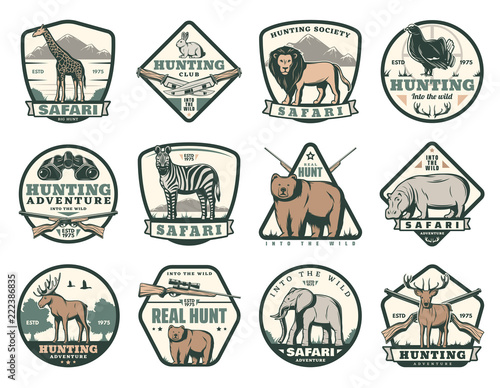 Hunting club icons with animals and hunter rifles