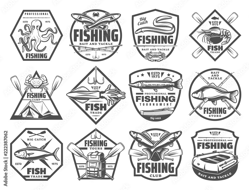Obraz premium Fish and seafood fishing club vector icons