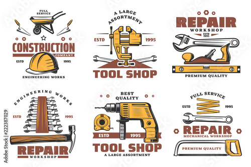 Fényképezés Repair and construction work tools vector sketch